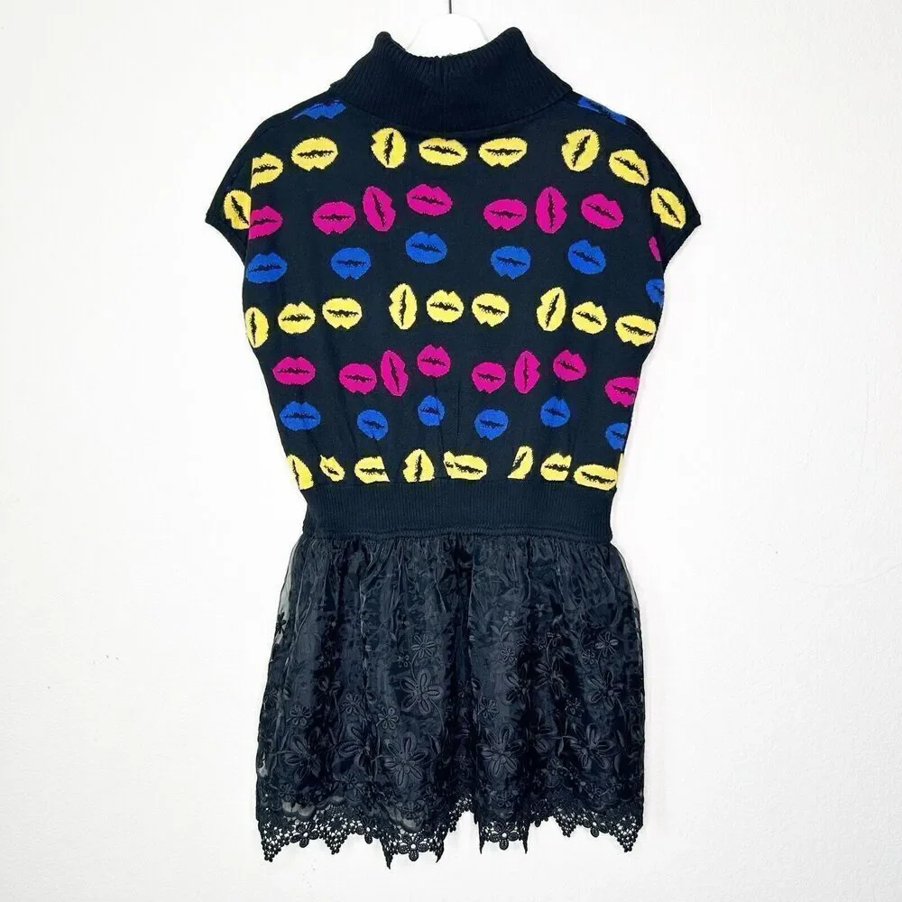 Fanshy Luen Colorful Lips Lace Tulle Skirt Elastic Waist Sweater Tunic 11